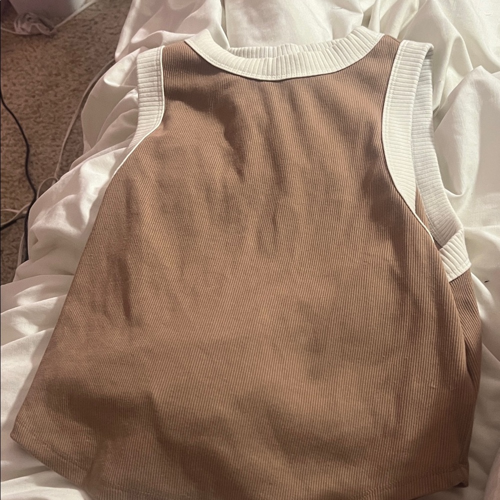 Brown Sleeveless Top with White Trim